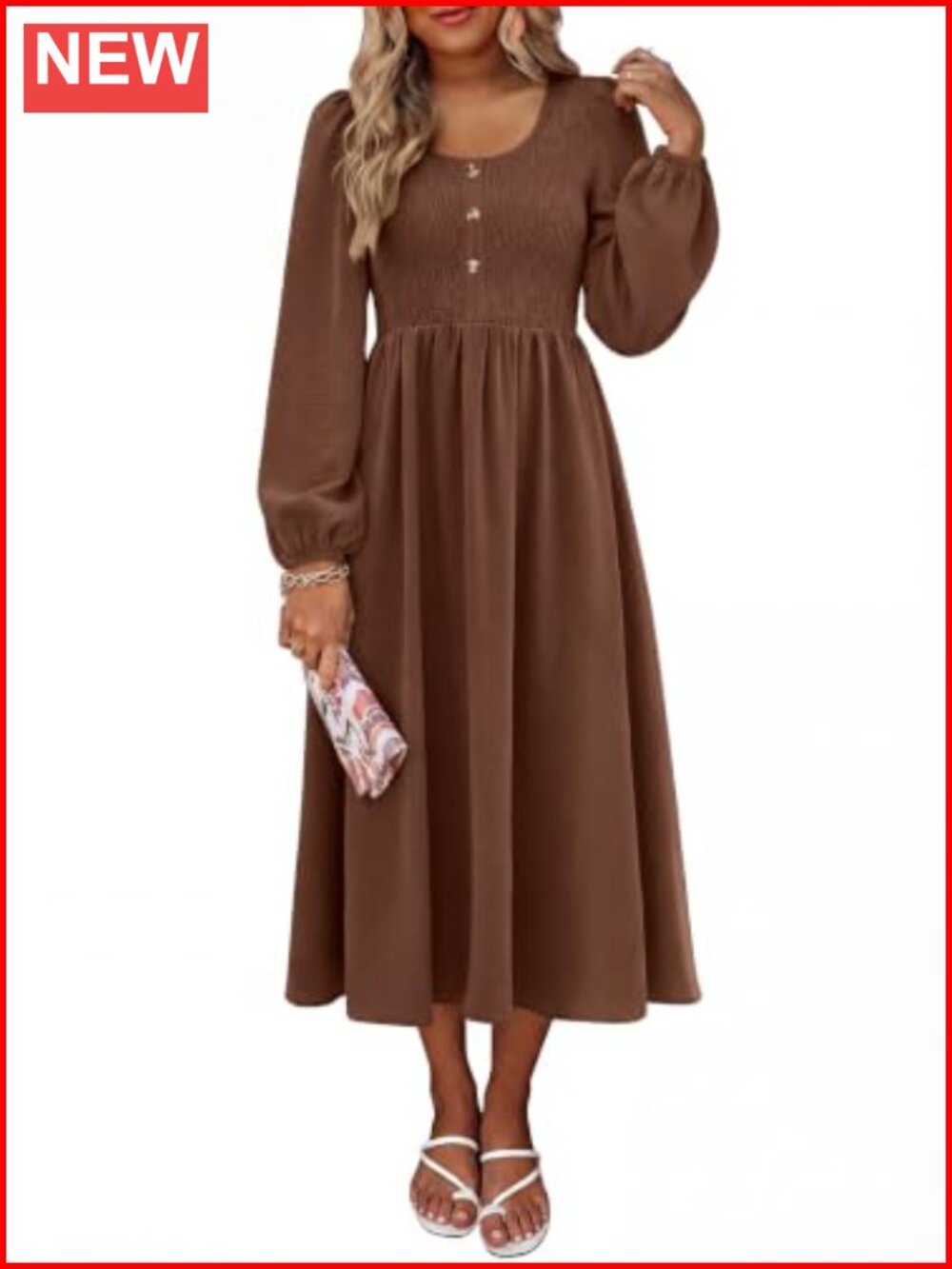 Women's Long Sleeve Scoop Neck Midi Dress with Smocked Bodice